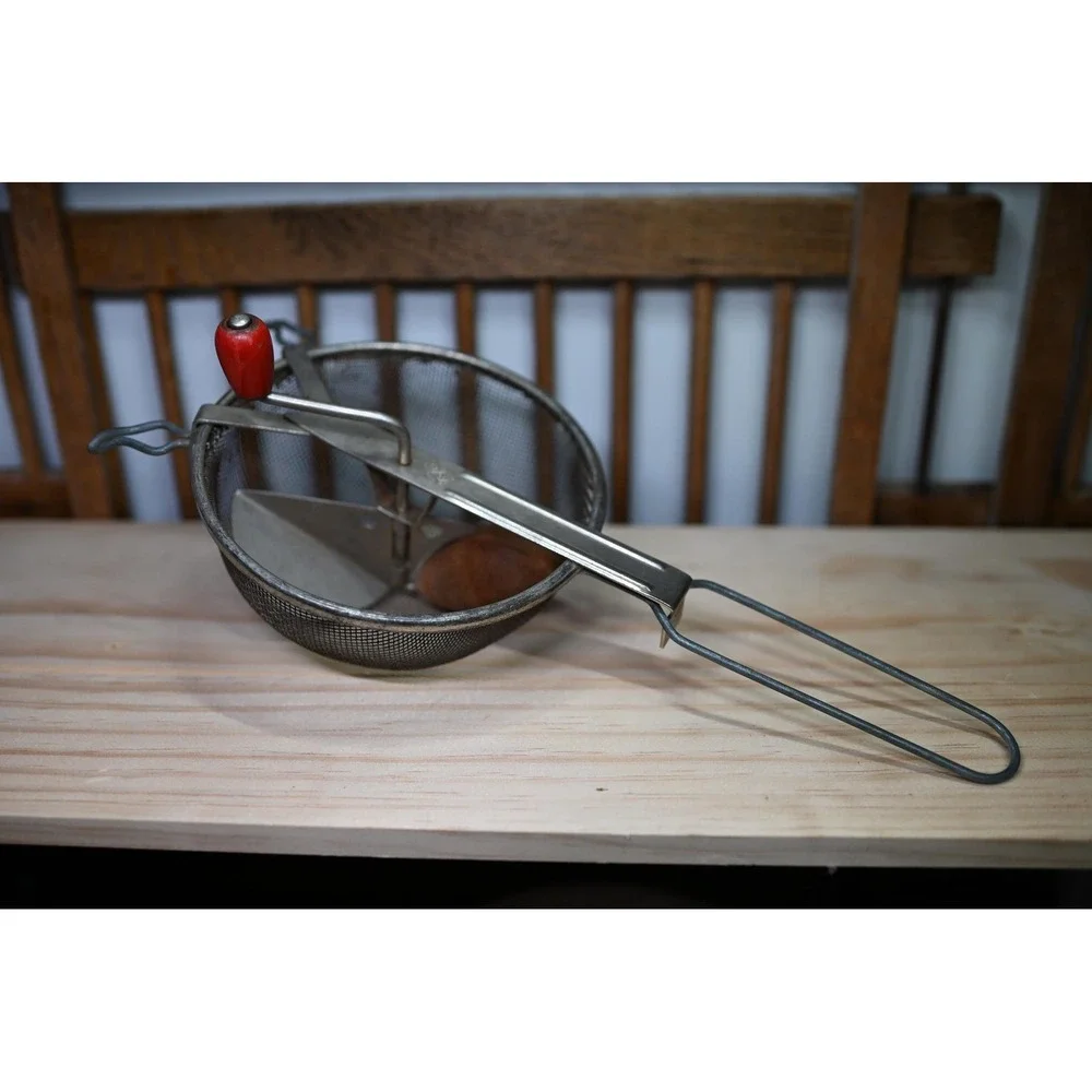 Vintage A&J Sifter Food Mill Silver Metal Red Handle Primitive Farmhouse 14